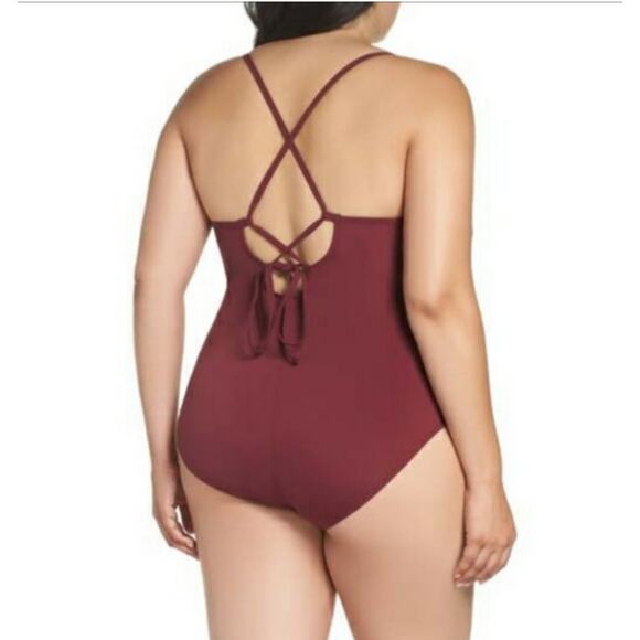 La Blanca Scalloped V-Neck One-Piece Swimsuit Women's Size 10 Maroon Lace-Up - Picture 2 of 13